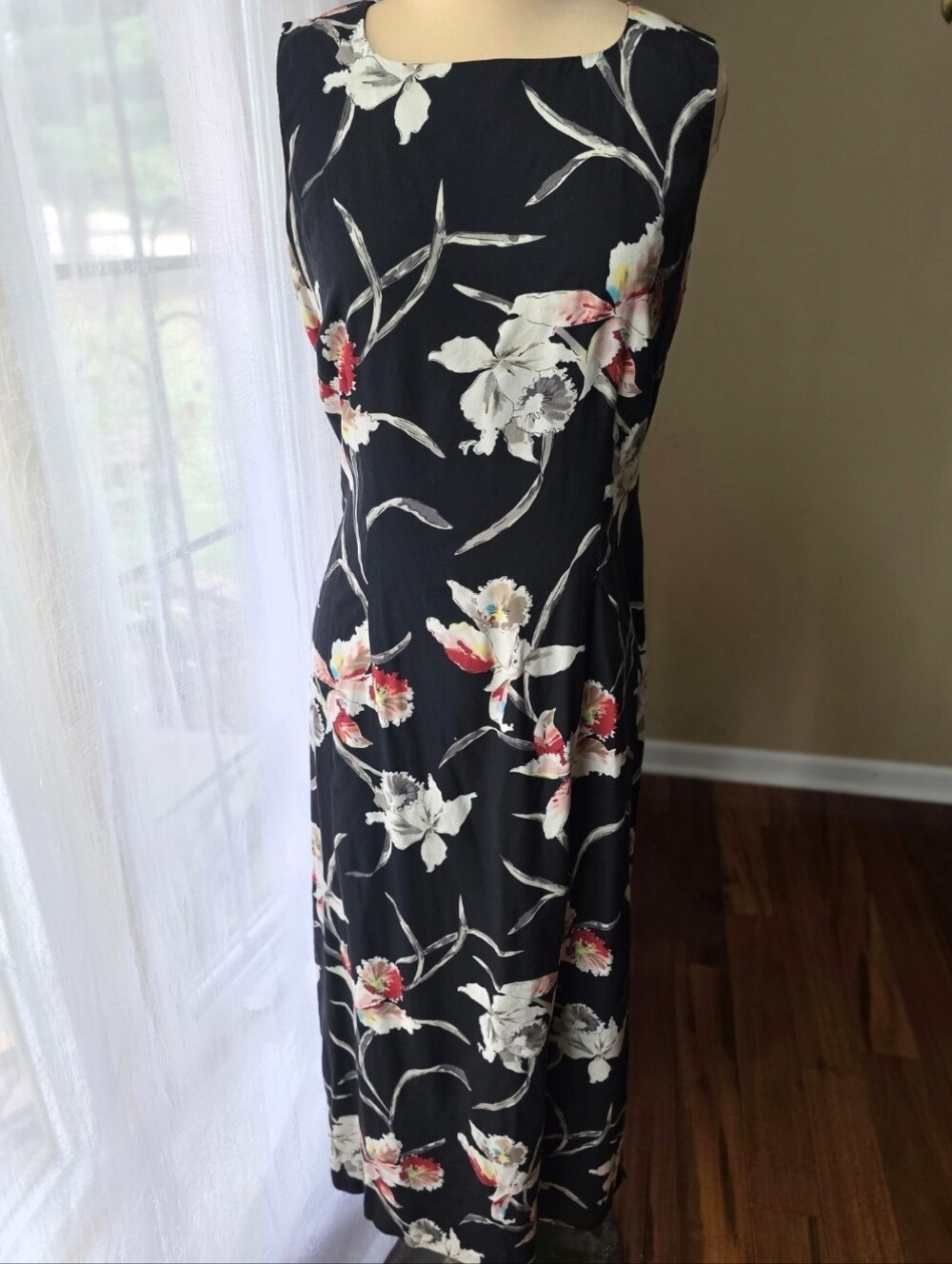 Vintage 90s 100% Silk Black Floral Maxi Dress Column Sheath Botanical Medium
